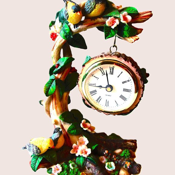 Ceramic Yellow & blue birds flowering tree with hanging branch clock replacable - Picture 1 of 8